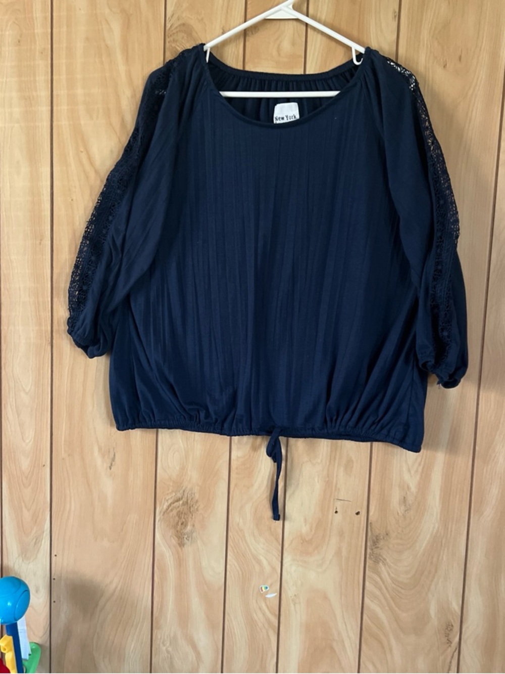 New York Laundry Navy Lace-Sleeve Drawstring Peasant Blouse